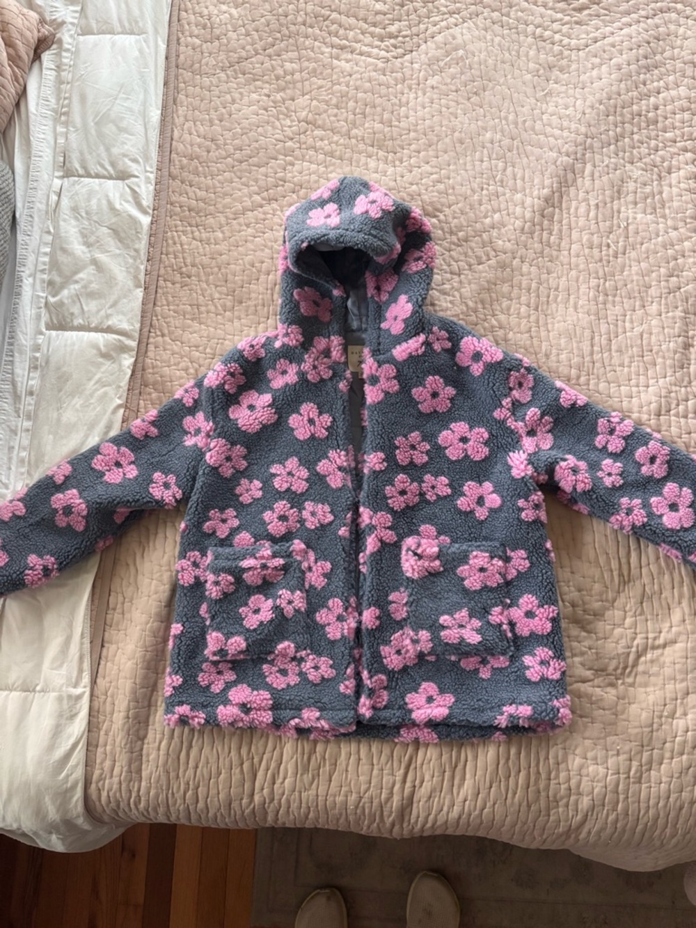 Hayden Girls- Floral Sherpa Hooded Jacket - Pink on Gray